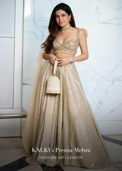 Gold Pre Pleated Lehenga With Embellished Blouse And Net Dupatta
