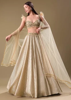 Gold Pre Pleated Lehenga With Embellished Blouse And Net Dupatta