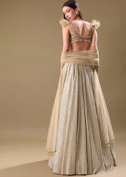 Gold Pre Pleated Lehenga With Embellished Blouse And Net Dupatta