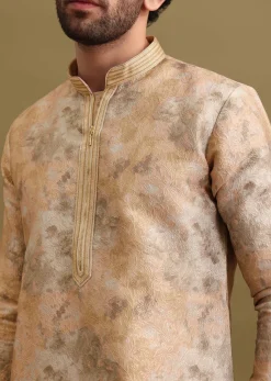 Gold Printed Silk Zipper Kurta Set For Men