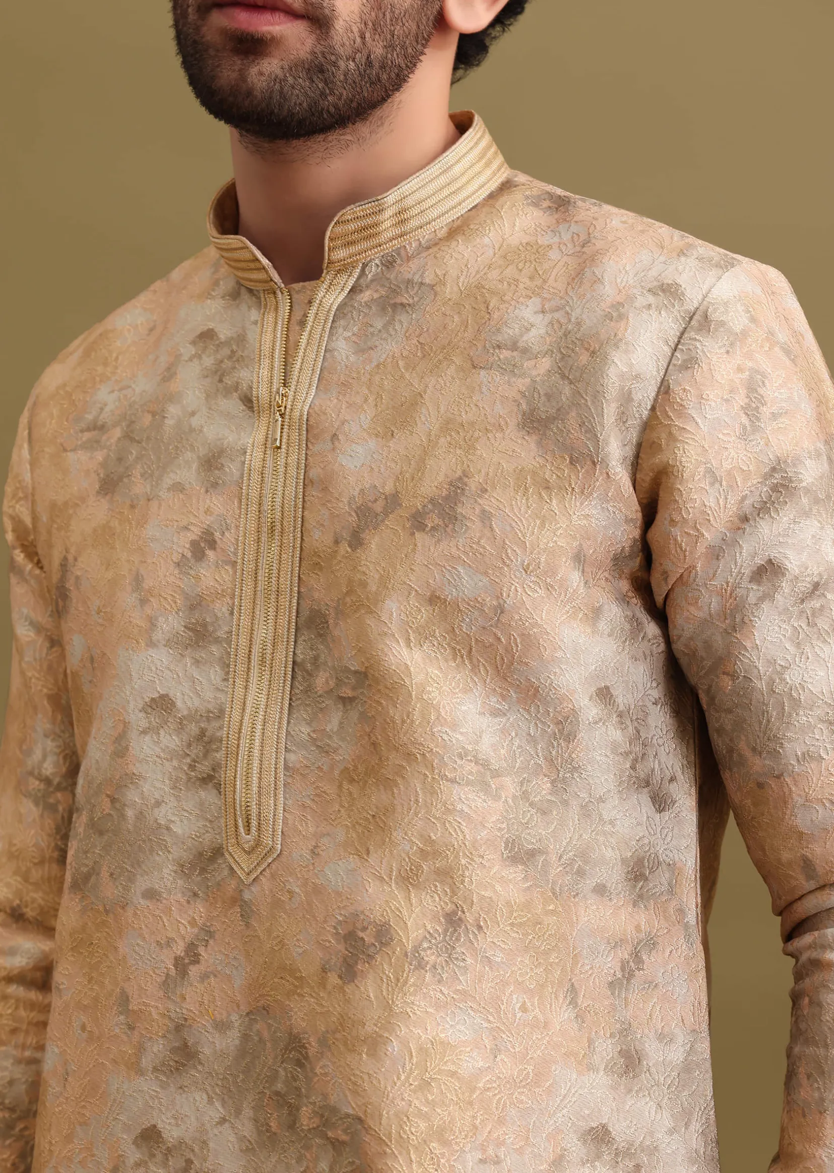 Gold Printed Silk Zipper Kurta Set For Men
