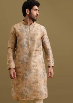 Gold Printed Silk Zipper Kurta Set For Men