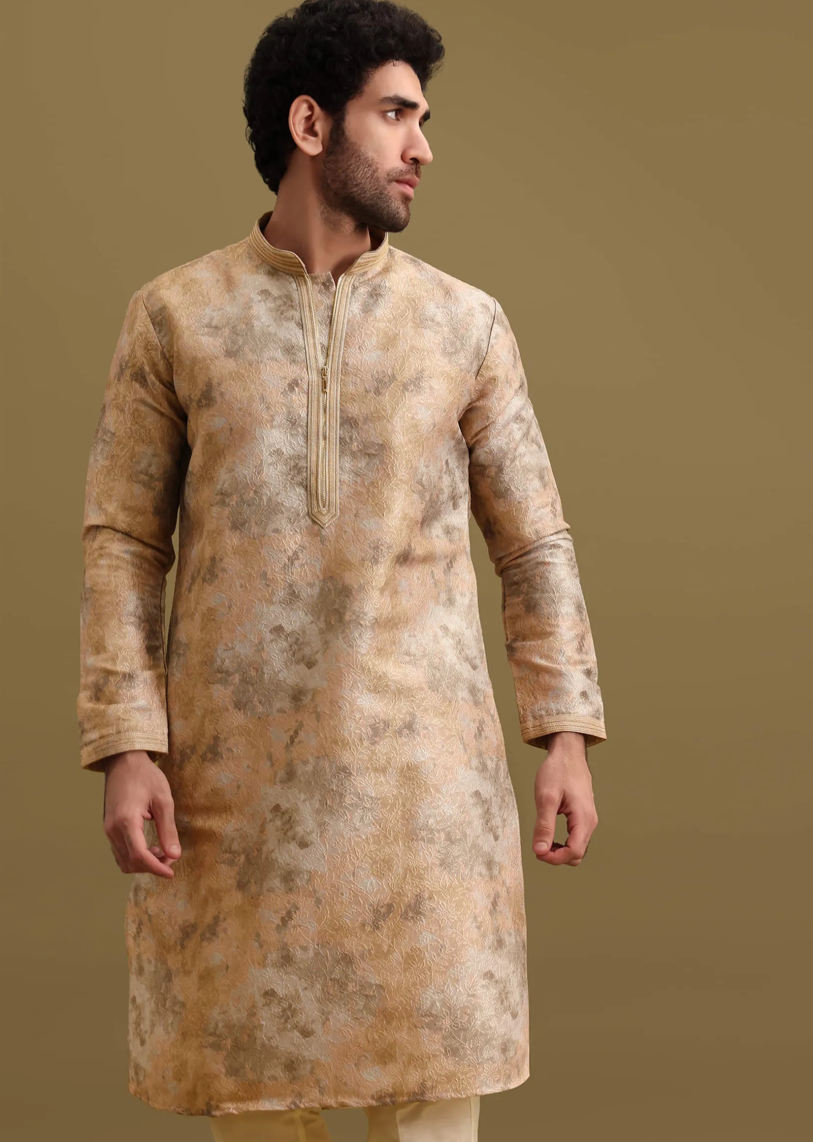 Gold Printed Silk Zipper Kurta Set For Men