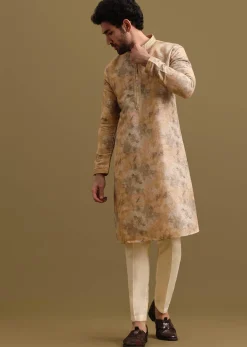 Gold Printed Silk Zipper Kurta Set For Men