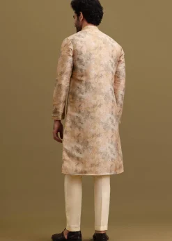 Gold Printed Silk Zipper Kurta Set For Men