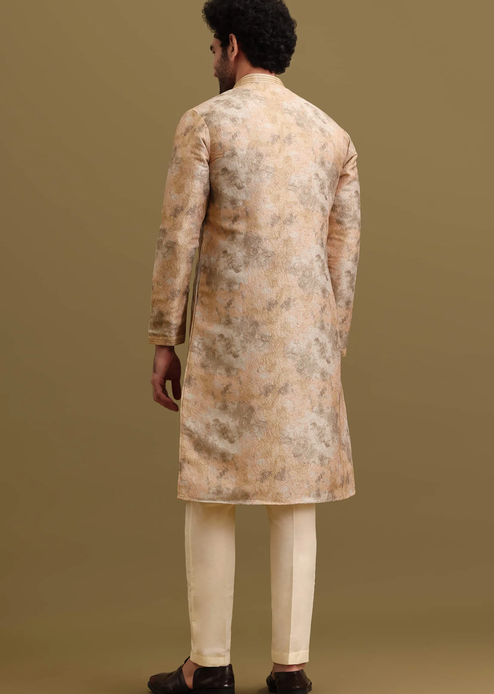 Gold Printed Silk Zipper Kurta Set For Men