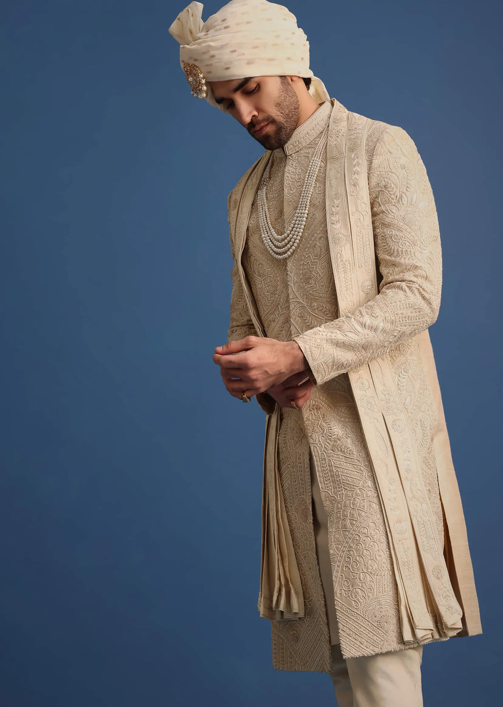 Gold Raw Silk Sherwani Suit With Hand Work