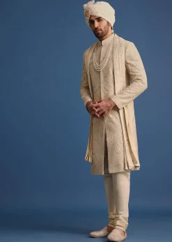 Gold Raw Silk Sherwani Suit With Hand Work