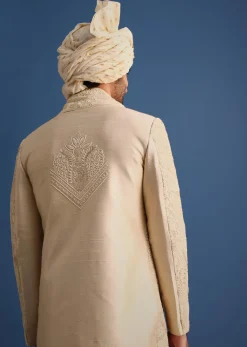 Gold Raw Silk Sherwani Suit With Hand Work