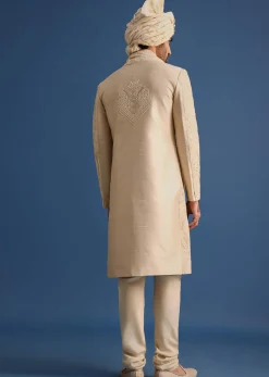 Gold Raw Silk Sherwani Suit With Hand Work