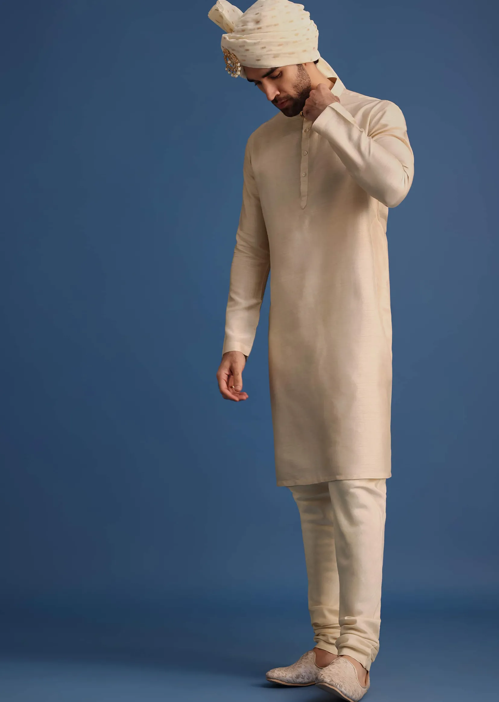 Gold Raw Silk Sherwani Suit With Hand Work