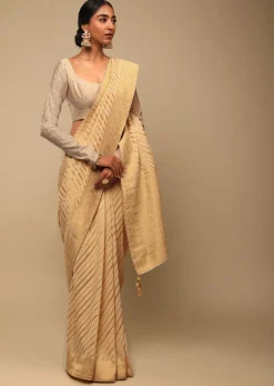 Gold Saree In Georgette With Woven Diagonal Stripes, Floral Pallu And Unstitched Blouse