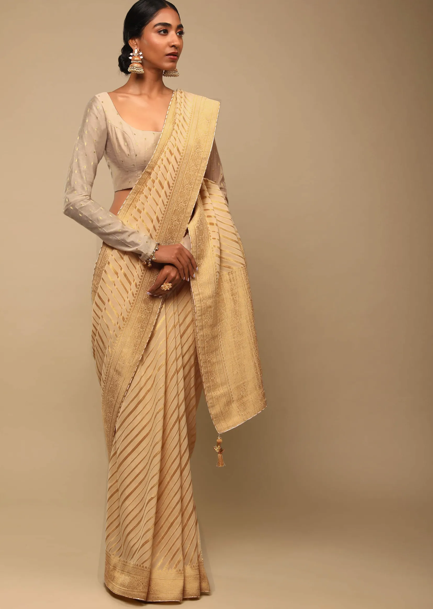 Gold Saree In Georgette With Woven Diagonal Stripes, Floral Pallu And Unstitched Blouse