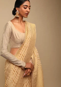 Gold Saree In Georgette With Woven Diagonal Stripes, Floral Pallu And Unstitched Blouse