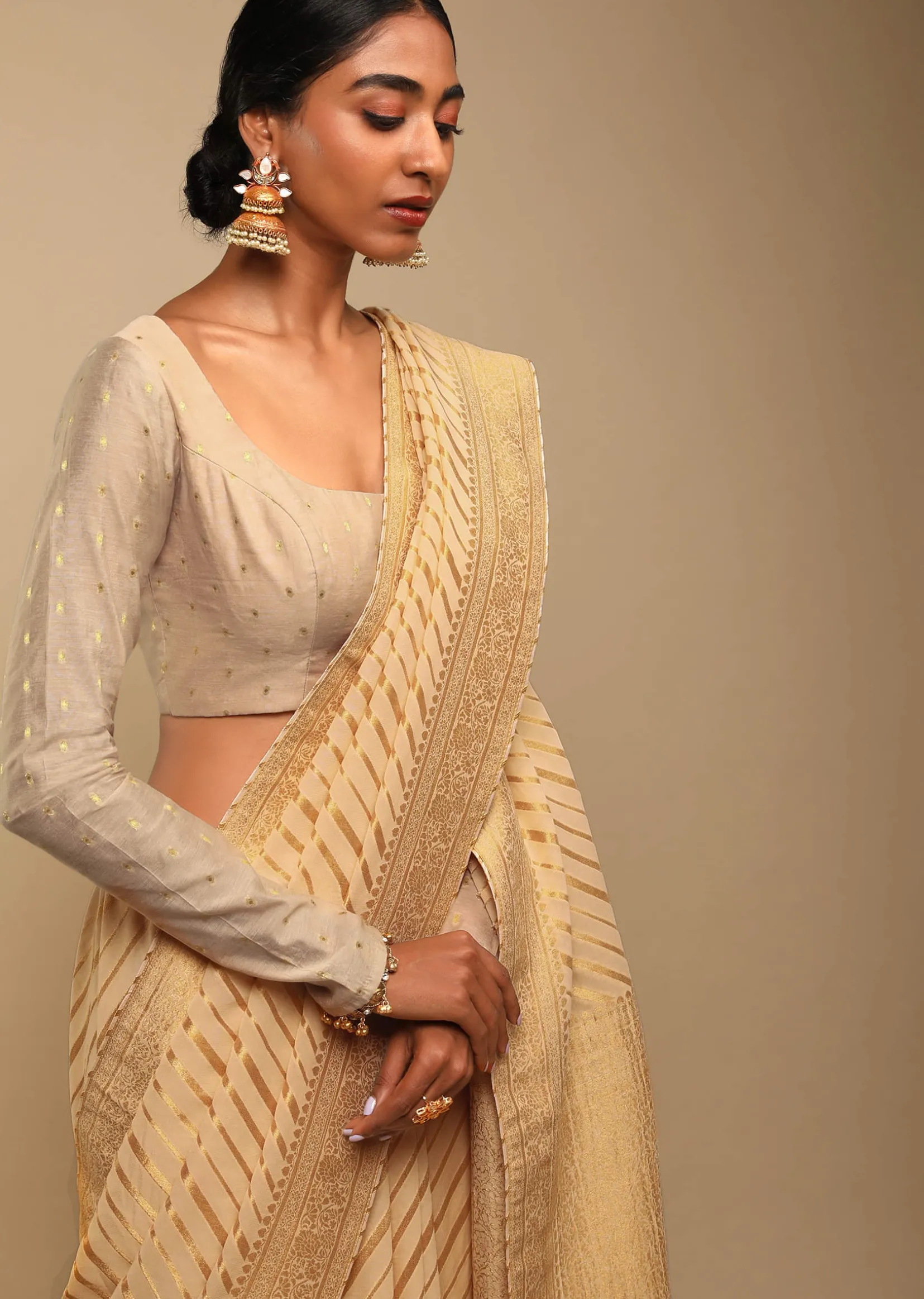 Gold Saree In Georgette With Woven Diagonal Stripes, Floral Pallu And Unstitched Blouse