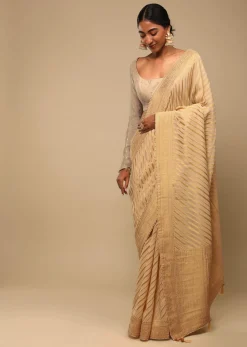 Gold Saree In Georgette With Woven Diagonal Stripes, Floral Pallu And Unstitched Blouse