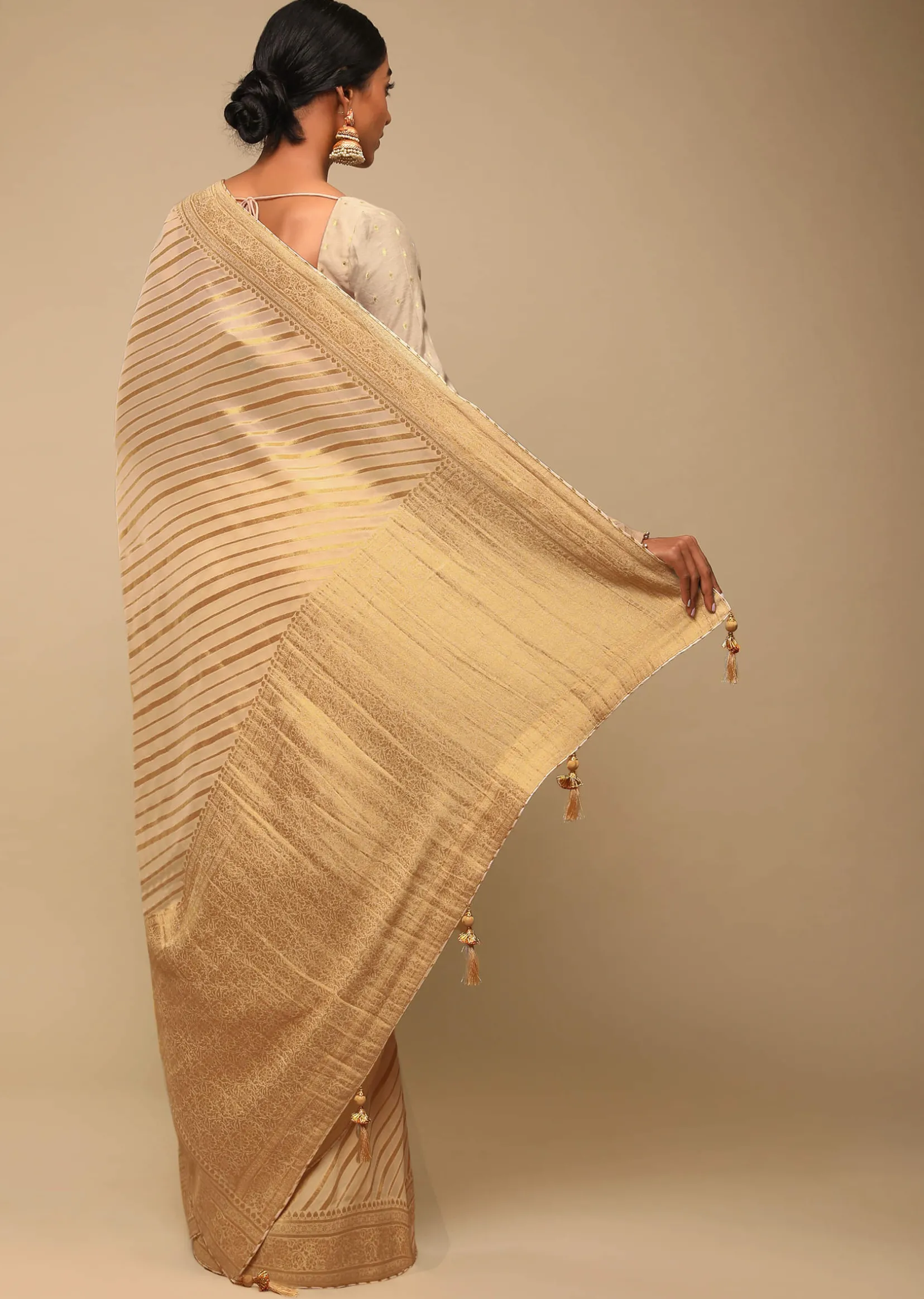 Gold Saree In Georgette With Woven Diagonal Stripes, Floral Pallu And Unstitched Blouse