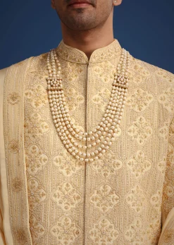 Gold Silk Embroidered Sherwani Set With Dupatta