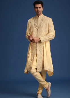 Gold Silk Embroidered Sherwani Set With Dupatta