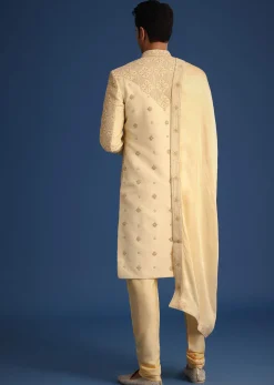 Gold Silk Embroidered Sherwani Set With Dupatta