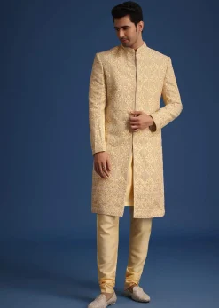 Gold Silk Embroidered Sherwani Set With Dupatta