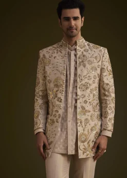 Gold Silk Indowestern Suit With Floral Zardosi Embroidery