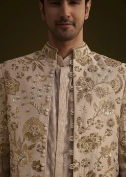 Gold Silk Indowestern Suit With Floral Zardosi Embroidery