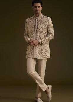 Gold Silk Indowestern Suit With Floral Zardosi Embroidery