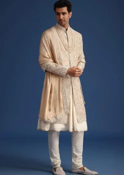 Gold Silk Mirror Work Sherwani Set With Dupatta