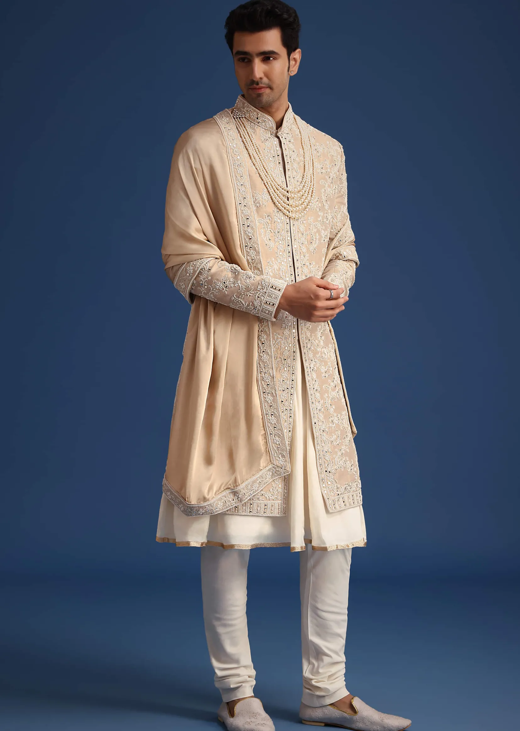 Gold Silk Mirror Work Sherwani Set With Dupatta
