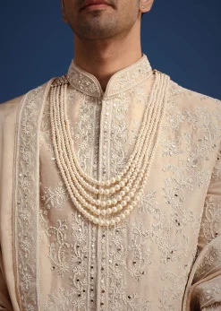 Gold Silk Mirror Work Sherwani Set With Dupatta