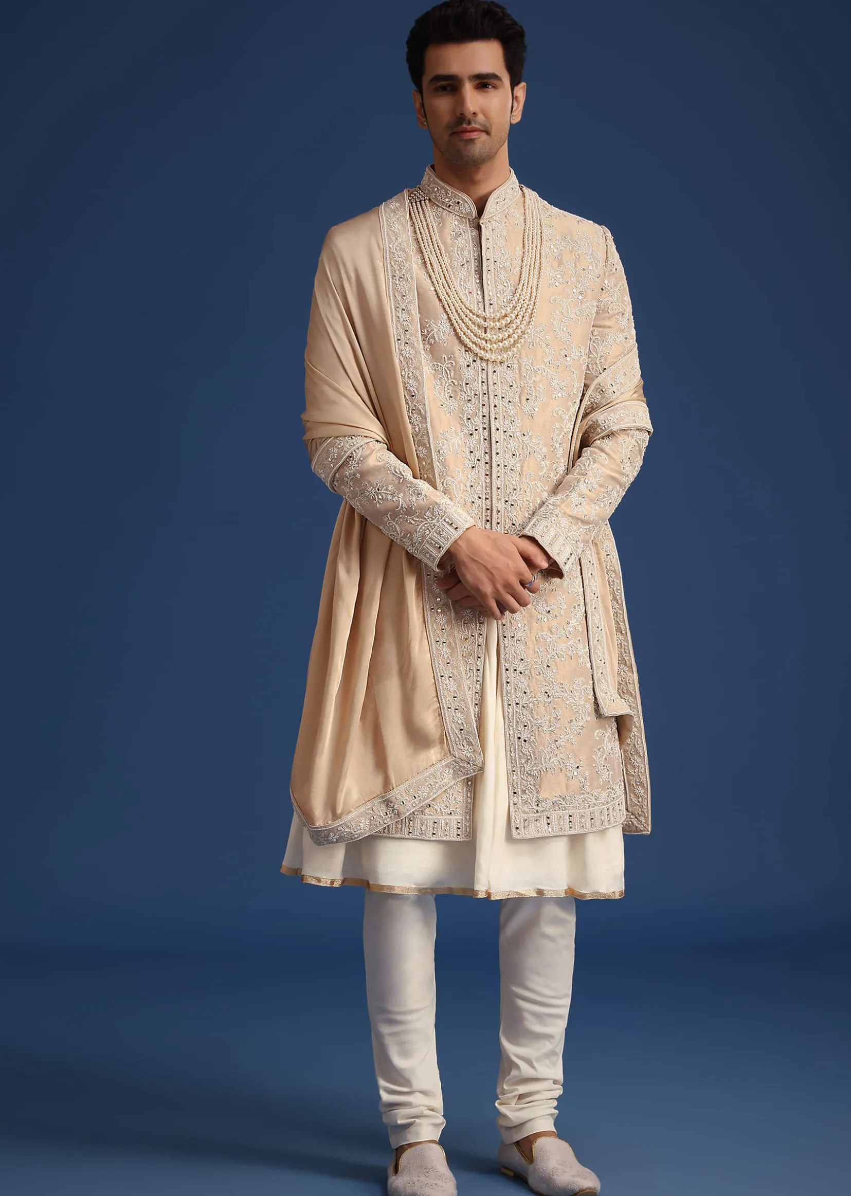 Gold Silk Mirror Work Sherwani Set With Dupatta