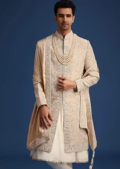 Gold Silk Mirror Work Sherwani Set With Dupatta
