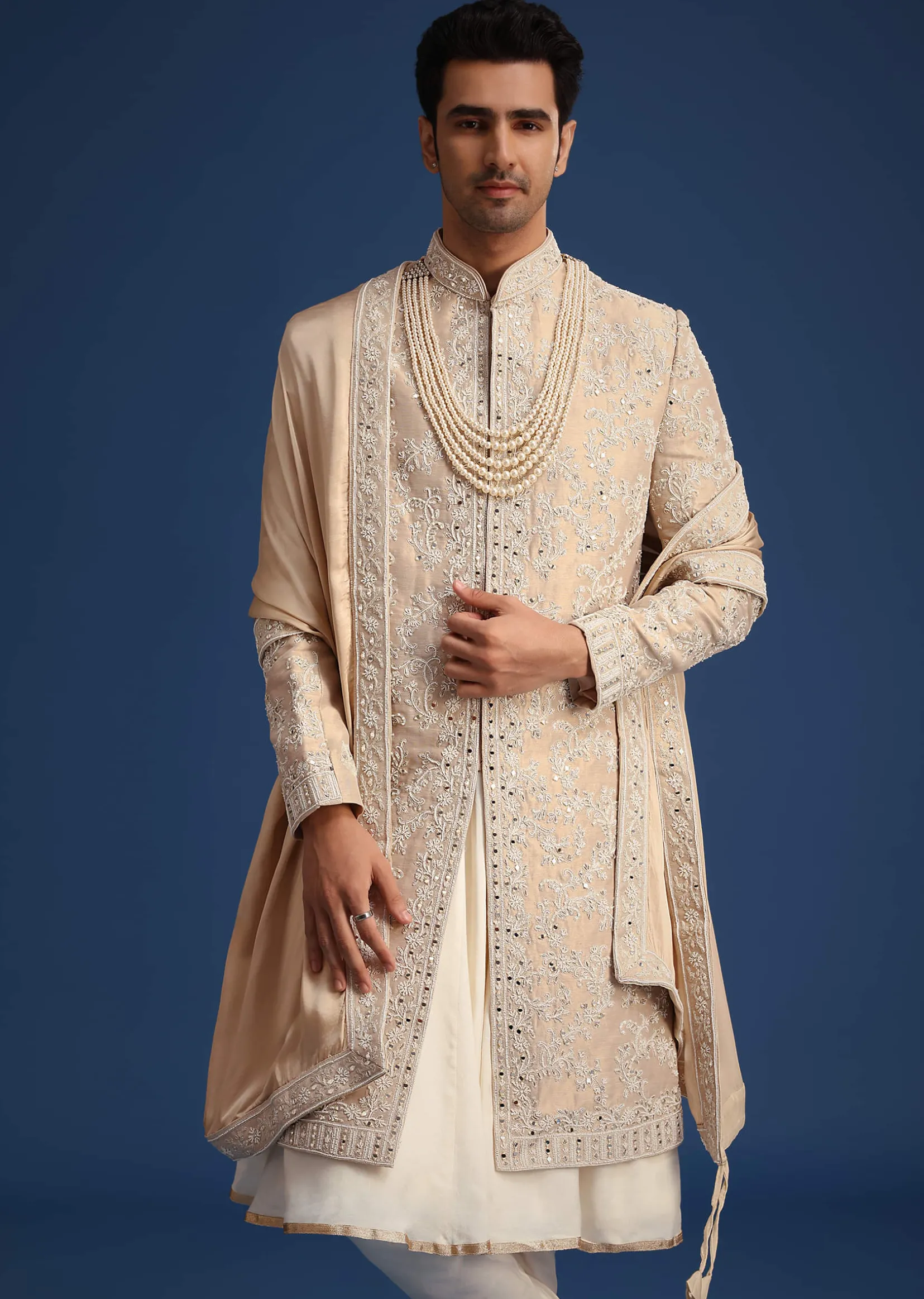 Gold Silk Mirror Work Sherwani Set With Dupatta