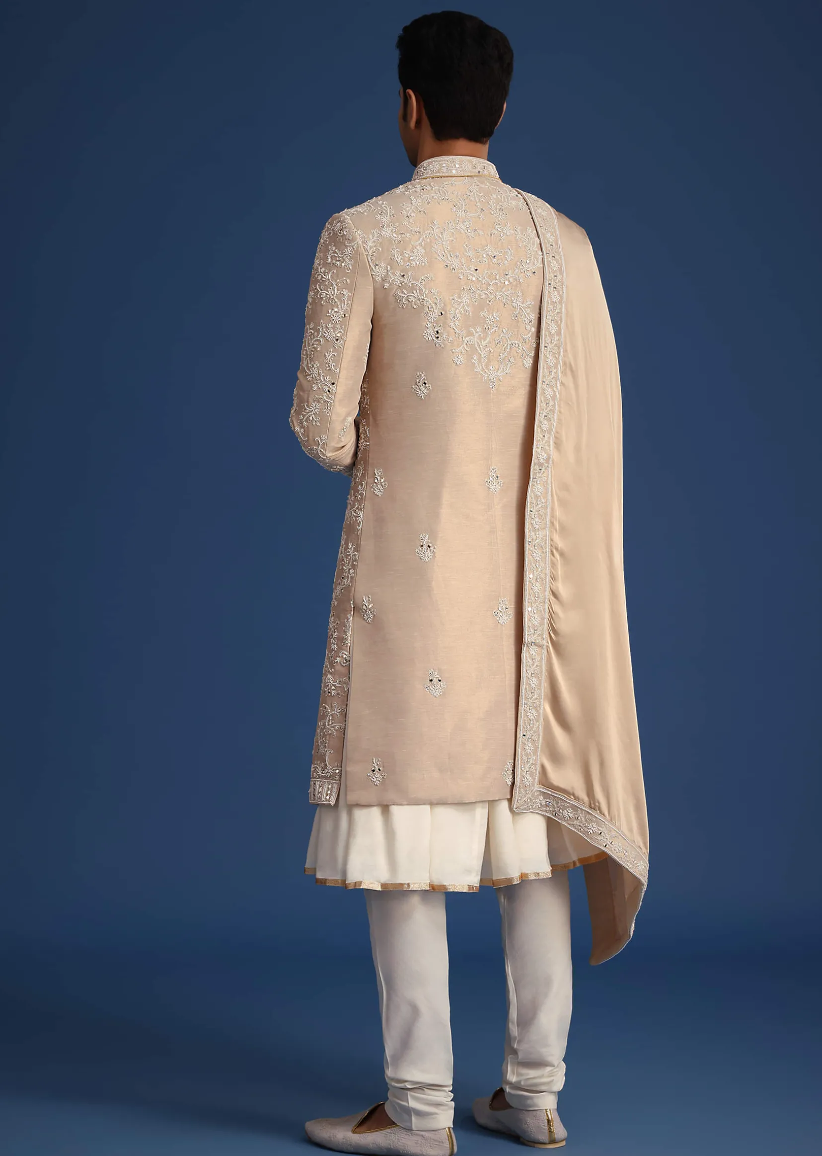 Gold Silk Mirror Work Sherwani Set With Dupatta