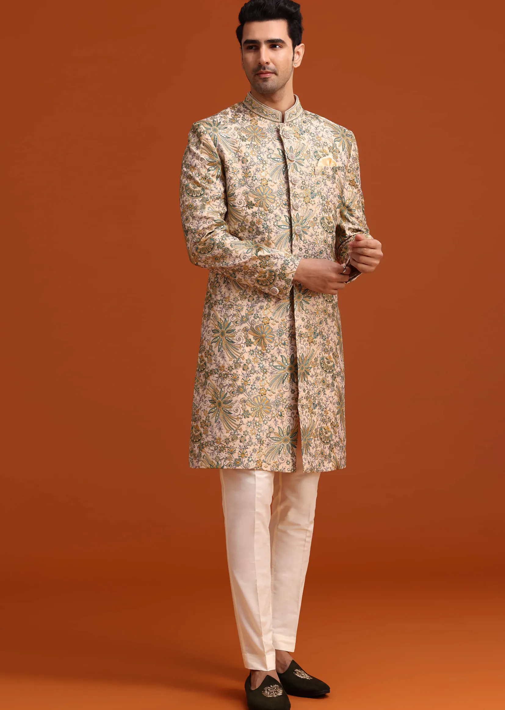 Gold Silk Sherwani Set Hand Embroidered Motifs