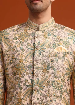 Gold Silk Sherwani Set Hand Embroidered Motifs