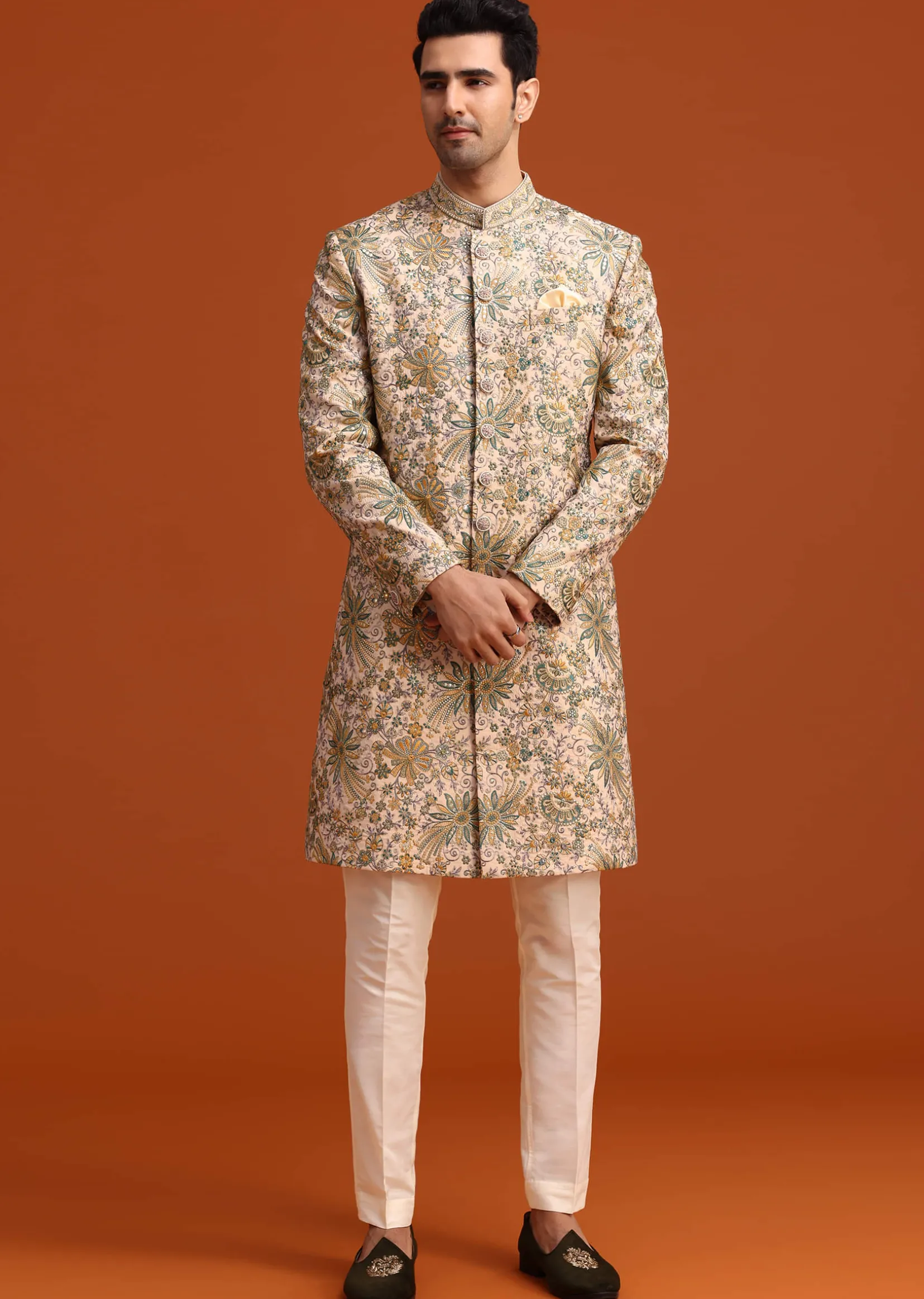 Gold Silk Sherwani Set Hand Embroidered Motifs
