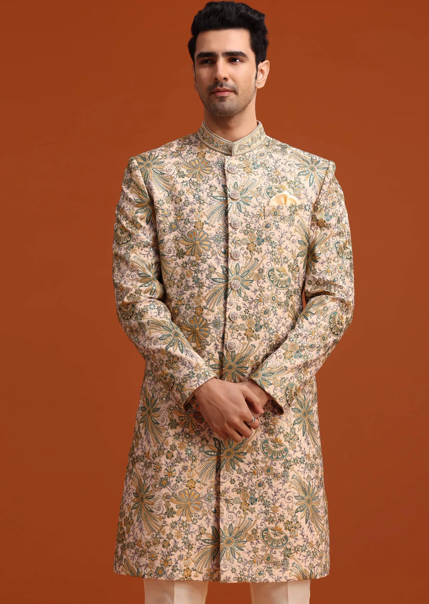 Gold Silk Sherwani Set Hand Embroidered Motifs