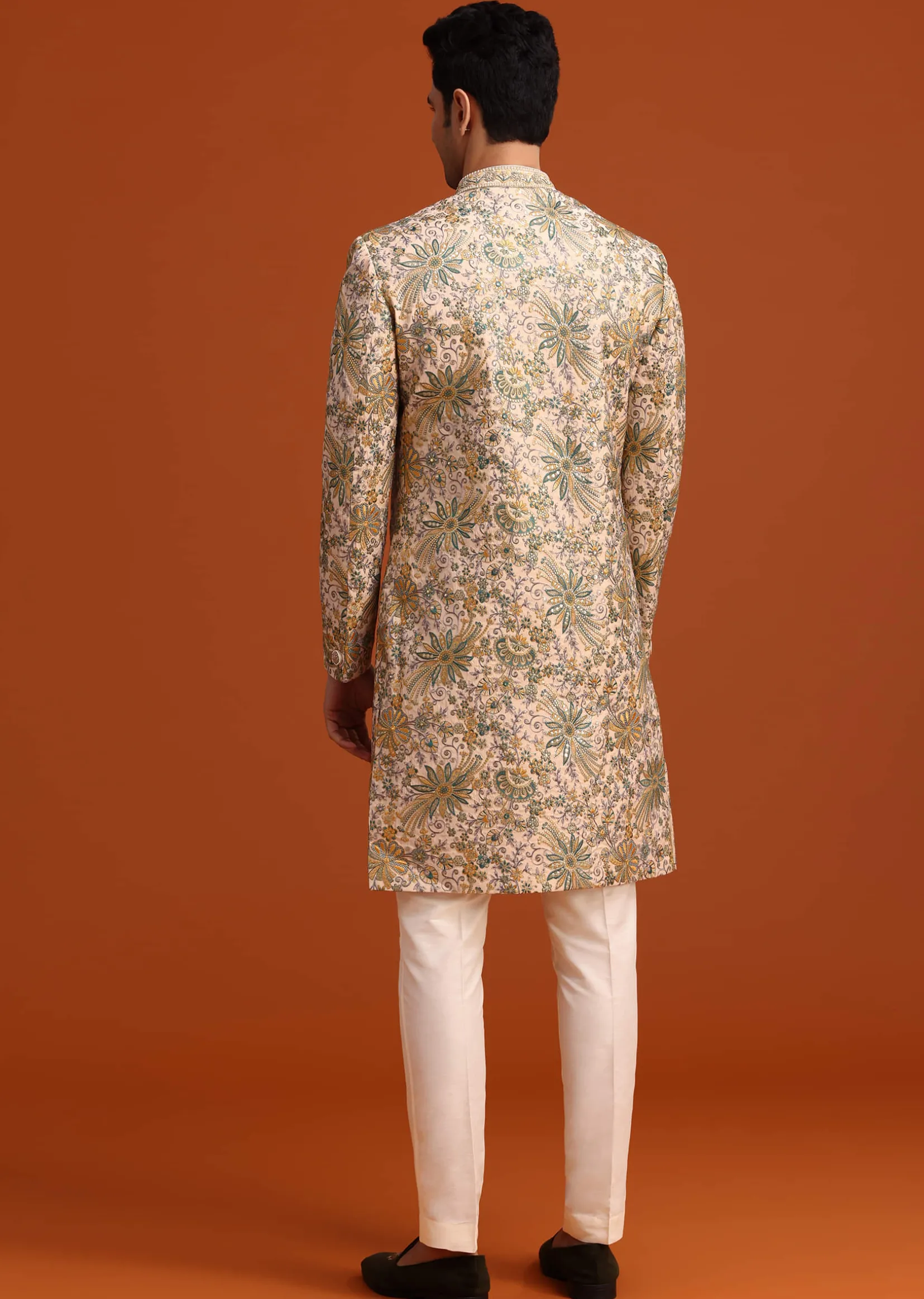 Gold Silk Sherwani Set Hand Embroidered Motifs