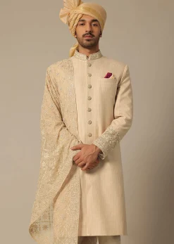 Gold Silk Sherwani Set With Embroidered Detail