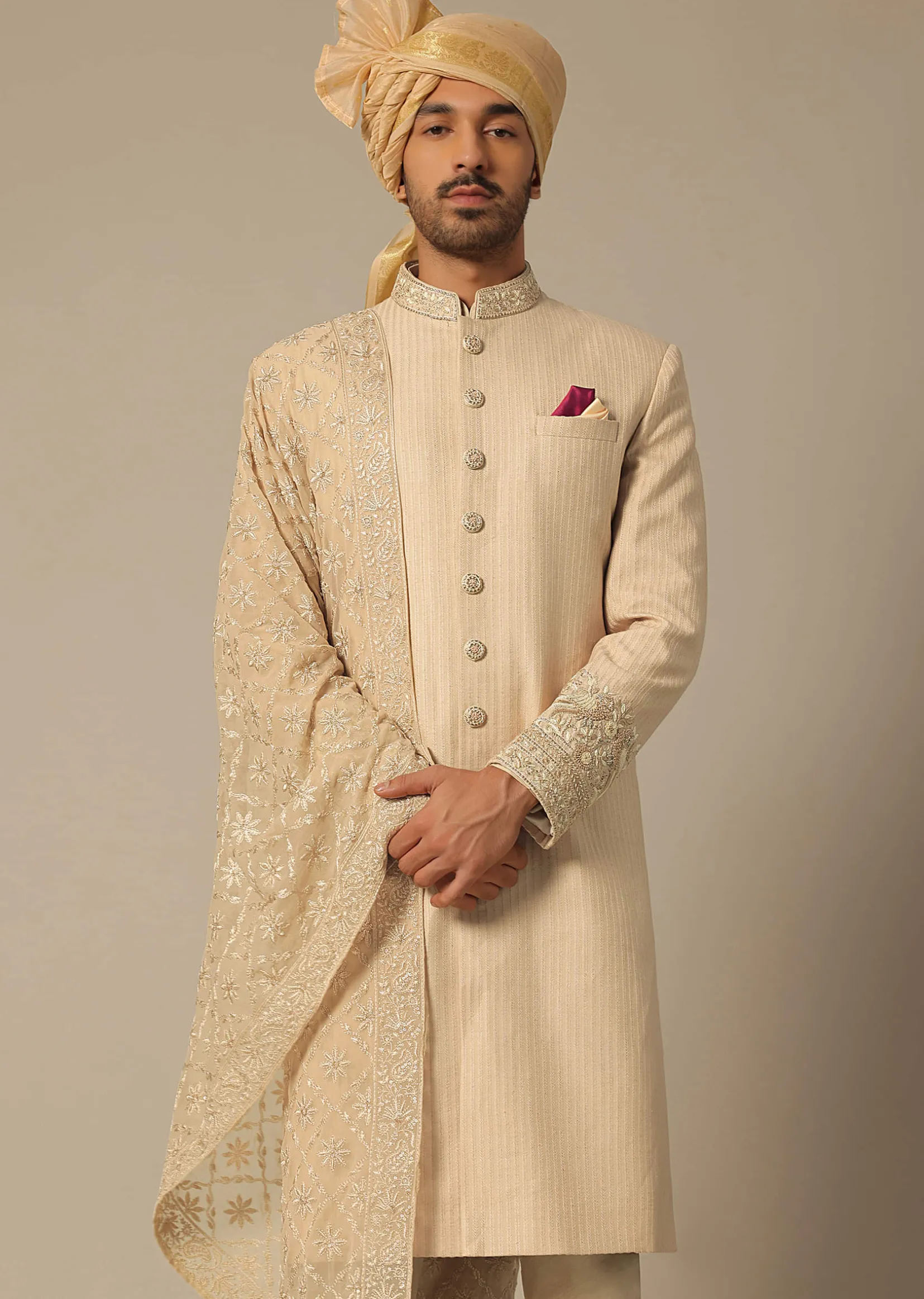 Gold Silk Sherwani Set With Embroidered Detail