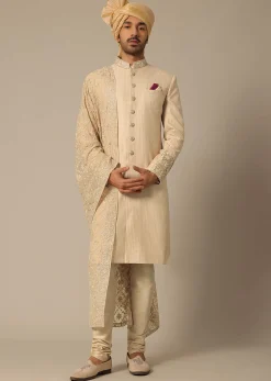 Gold Silk Sherwani Set With Embroidered Detail