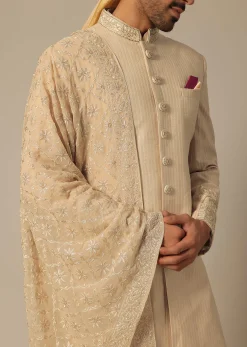 Gold Silk Sherwani Set With Embroidered Detail
