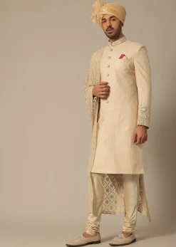 Gold Silk Sherwani Set With Embroidered Detail