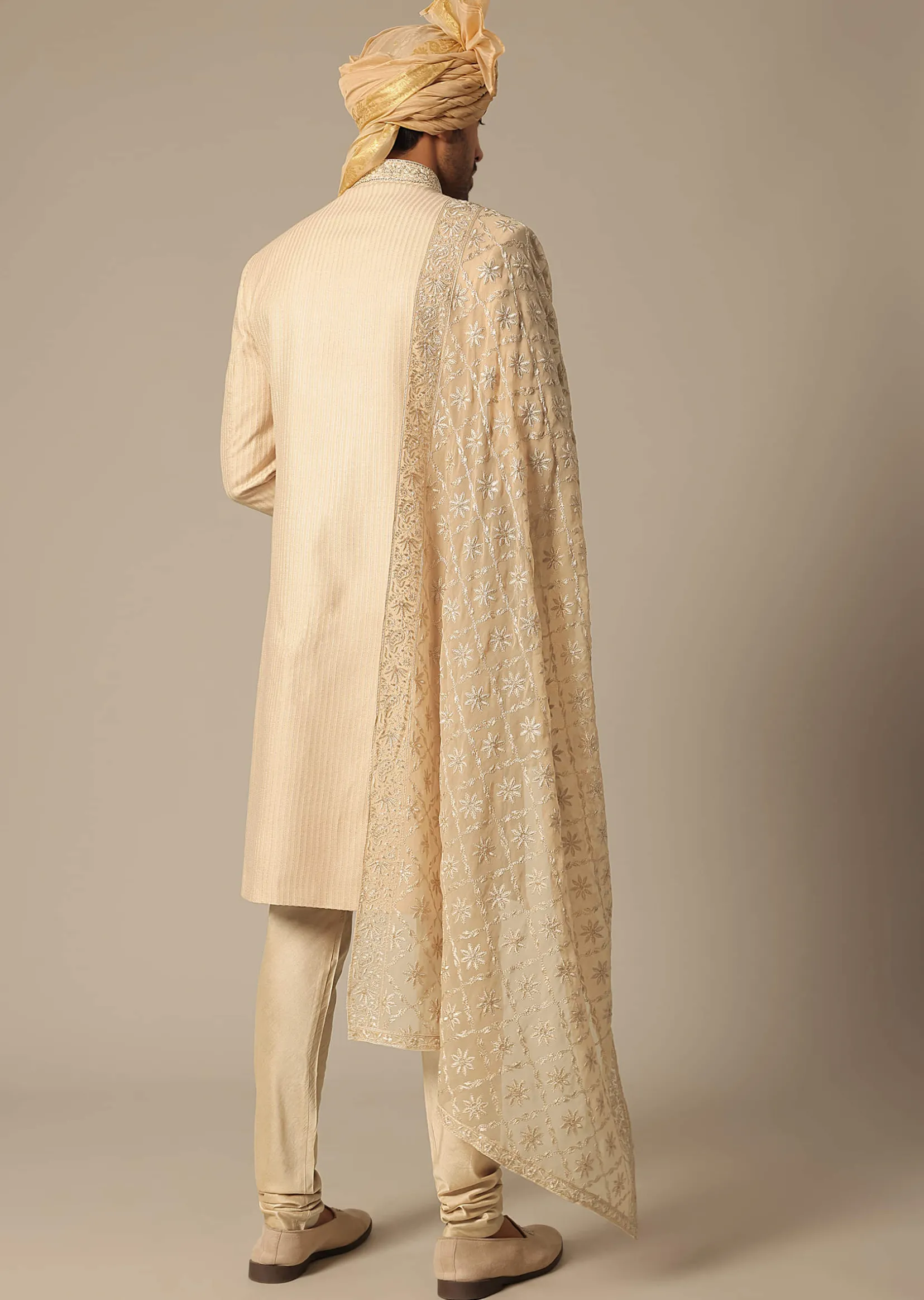 Gold Silk Sherwani Set With Embroidered Detail