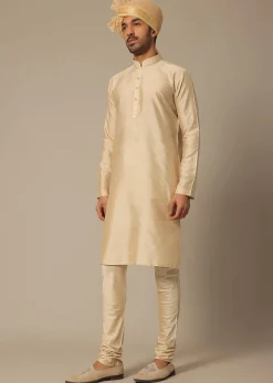 Gold Silk Sherwani Set With Embroidered Detail