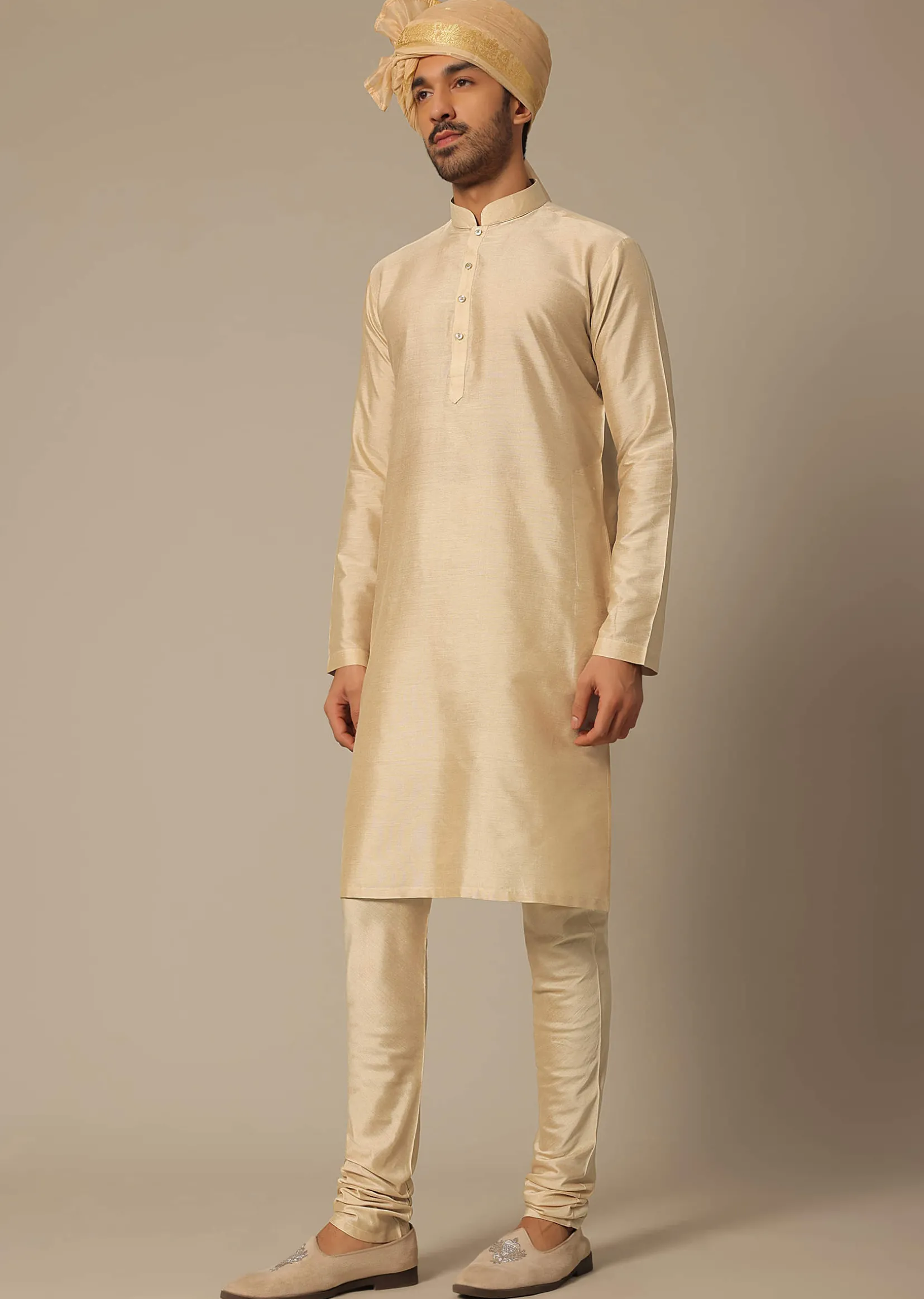 Gold Silk Sherwani Set With Embroidered Detail
