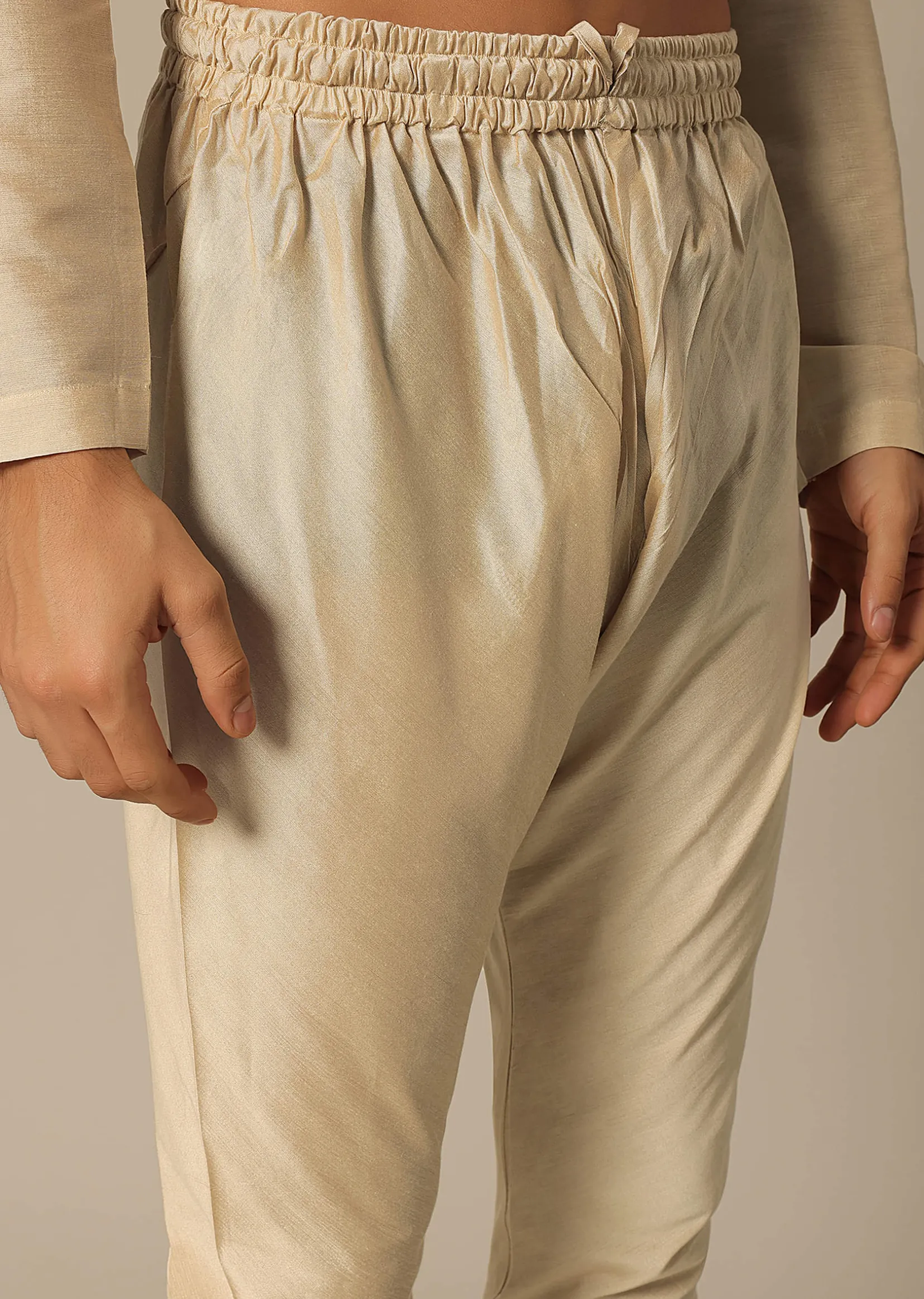 Gold Silk Sherwani Set With Embroidered Detail