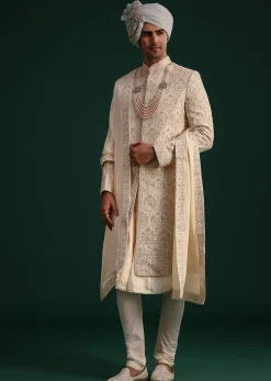 Gold Silk Zari Embroidered Sherwani Suit With Dupatta And Mala